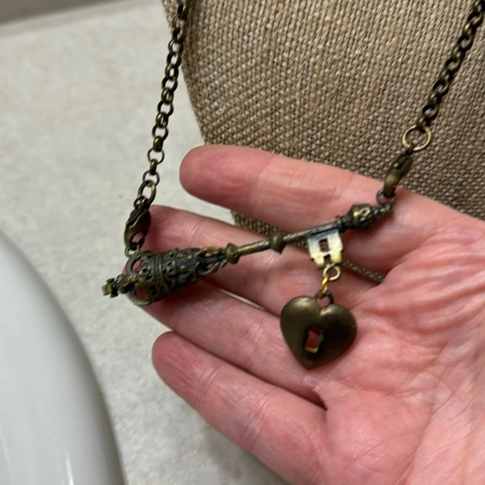 Brass key heart locket necklace